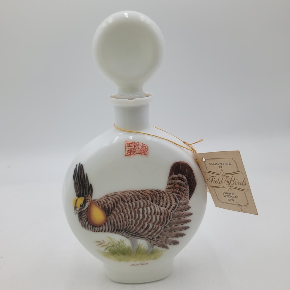 Vintage 1969 J.W. Dant Field Birds Prairie Chicken Milk Glass Decanter No 3